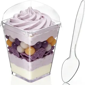 50 Pack 5 oz Dessert Cups with Dome Lids and Spoons Plastic Pudding Cups for Party Individual Banana Pudding Jello Yogurt Fruit Trifle