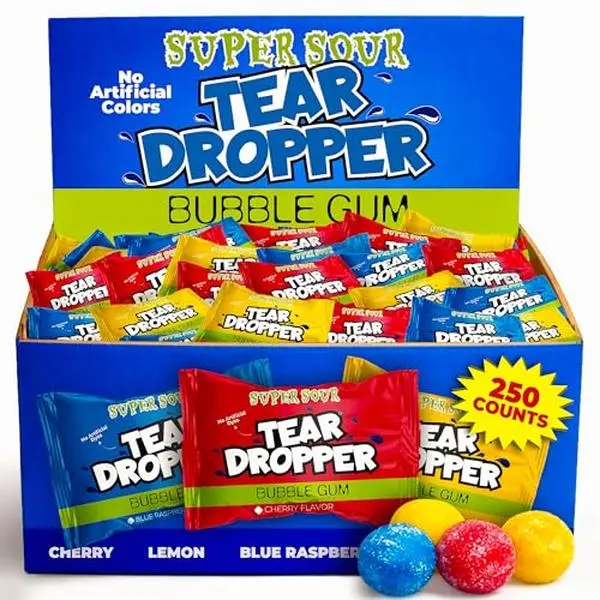 Tear Droppers Sour Gumballs  250 Count - No Artificial Dyes - Individually Wrapped  Cherry, Lemon & Blue Raspberry  Bulk Sour Candies Party Party Favors