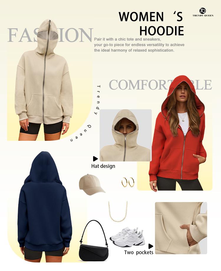 TRENDY QUEEN AUTOMET Women's Zip Up Hoodie with Mesh Eyeholes Oversized Fleece Jacket Cozy Sweatshirt for Fall & Winter Fashion