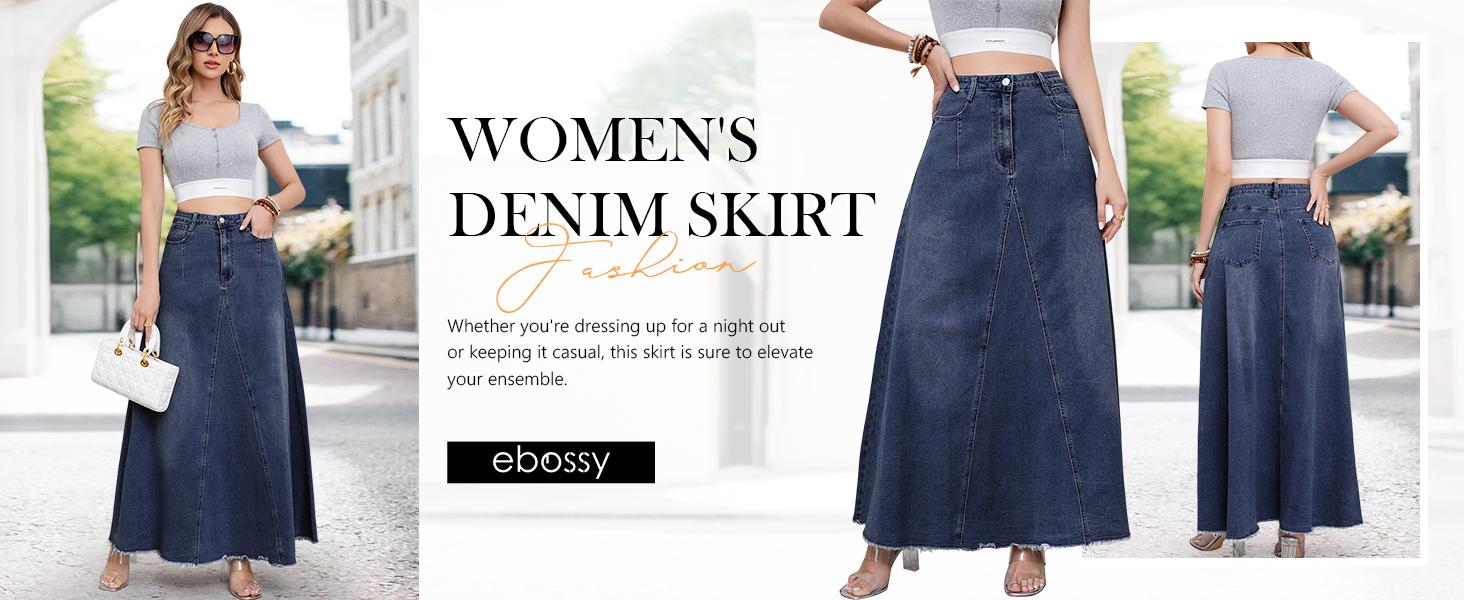 Ebossy Women's Retro Distressed High Waist Frayed Hem A Line Wash Maxi Long Denim Skirt with Pockets & Tassels for Casual & Party Wear