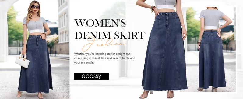 【New Arrival】Ebossy Women's Retro Distressed High Waist Frayed Hem A Line Wash Maxi Long Denim Skirt with Pockets & Tassels for Casual & Party Wear