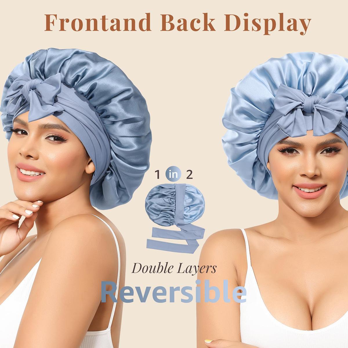 AWAYTR Silk Bonnet for Sleeping Women 100% Mulberry Silk Bonnets Double Layered Night Cap with Tie Band Reversible Hair Bonnet Sleeping Hair Wrap Pink Haircare Cap Heatless