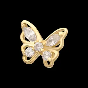 14Kt Gold Threadless 3D Butterfly Round & Marquise Gem Flatback Stud Earring