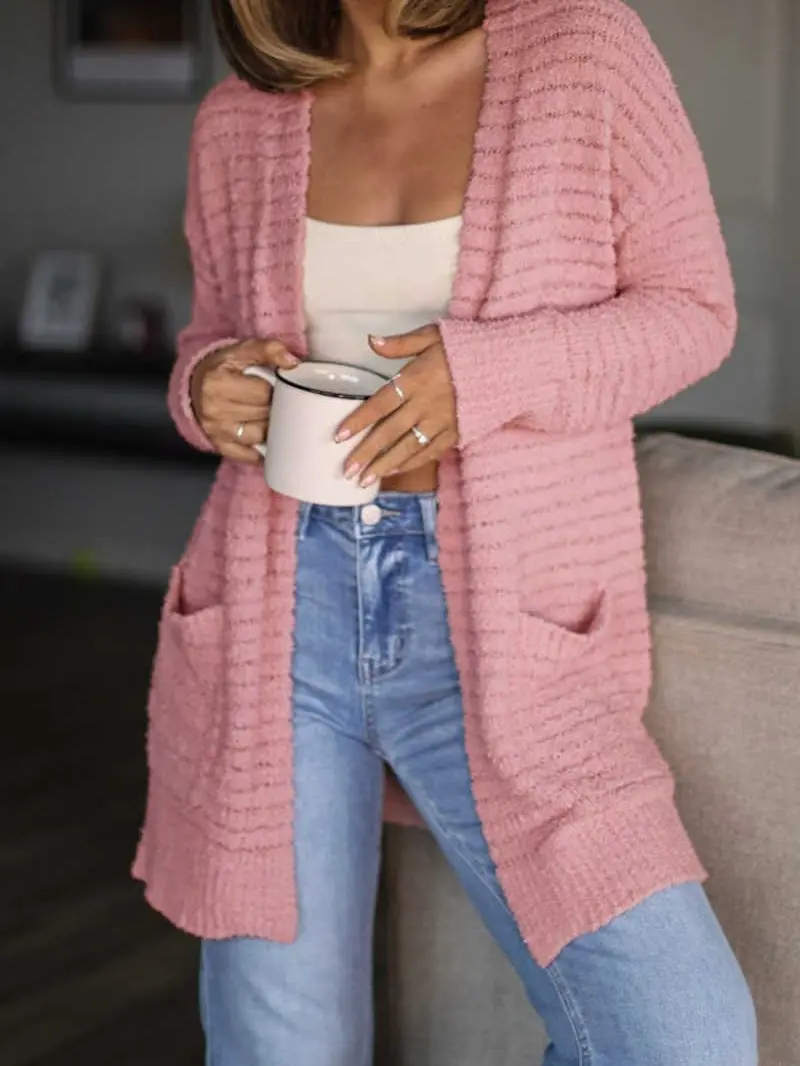 Women’s Open Front Fuzzy Ribbed Cardigan, Long Sleeve Tunic Length Sweater with Front Pockets, Relaxed Fit Soft Cozy Layering Top for Everyday Wear, Fall and Winter ,Casua,Womenswear , Style