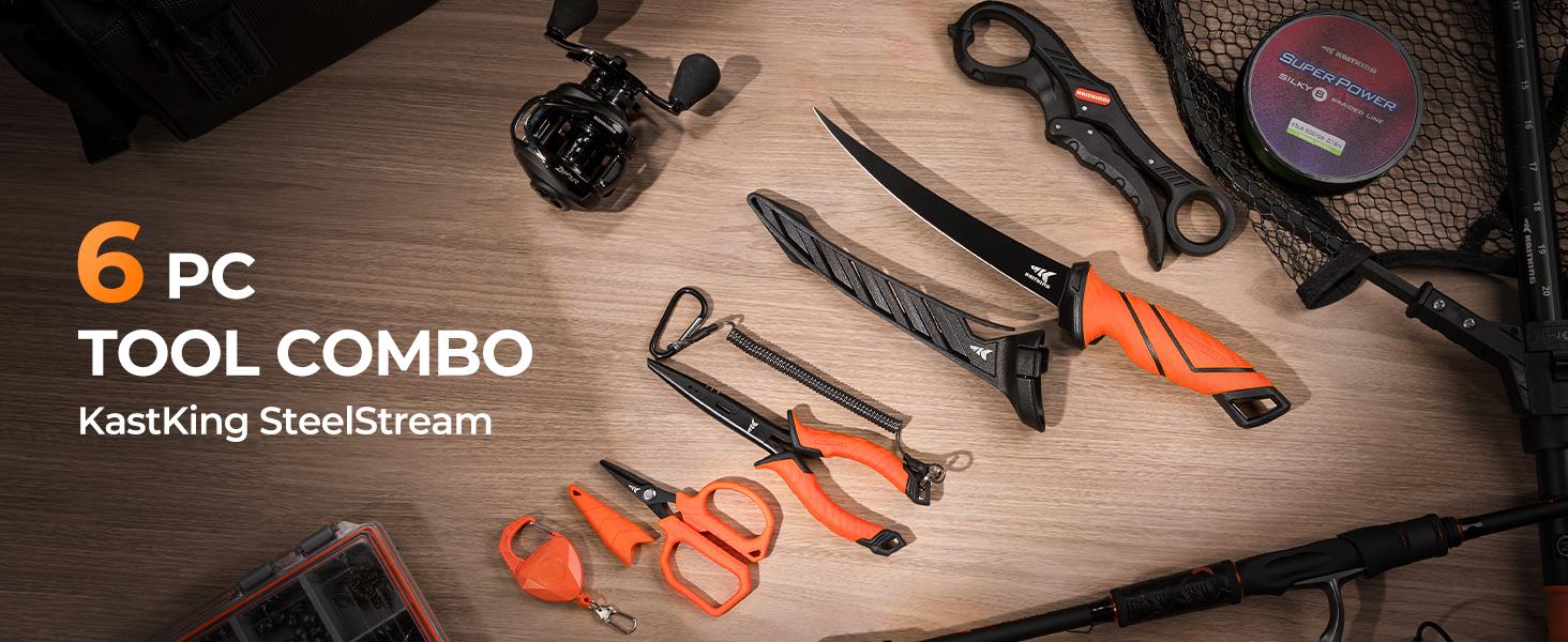 SteelStream  Fishing Tool Kit - Fishing Pliers with Lanyard, Fillet Knife, Floating Fish Lip Gripper, Fishing Braid Scissors, Tool Retractor, Fishing Hook Remover, Bungee Cords ToughTide Tools Kits