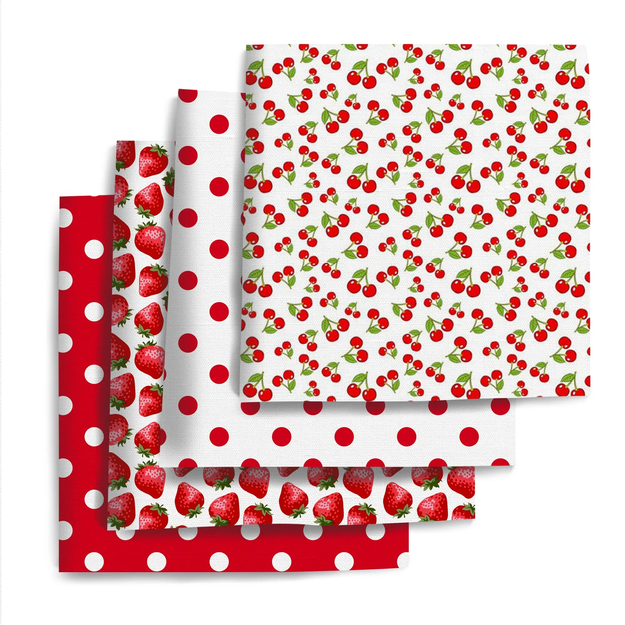 4-Piece 7.8"x7.8" Strawberry Peach Pattern Durable Fabric Set, Home Textile, Polka Dot Pattern Plain Weave Handmade Home Decor DIY Material, Cute Fruit Decoration Style