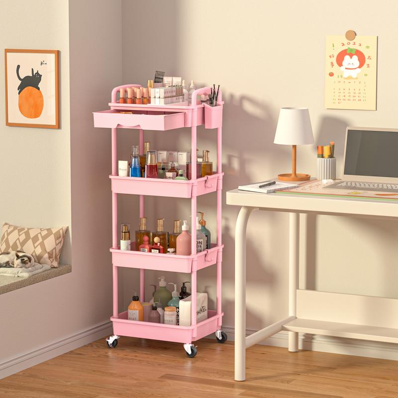 VANCASTLE 3/4 Tier Rolling Utility Cart Organizer with Removable Drawer - Sturdy Rolling Storage Cart with 2 Lockable Wheels for Bathroom, Kitchen, Snack, Craft, Makeup, and Baby Essentials White Racks bathroom organizer garage accessories