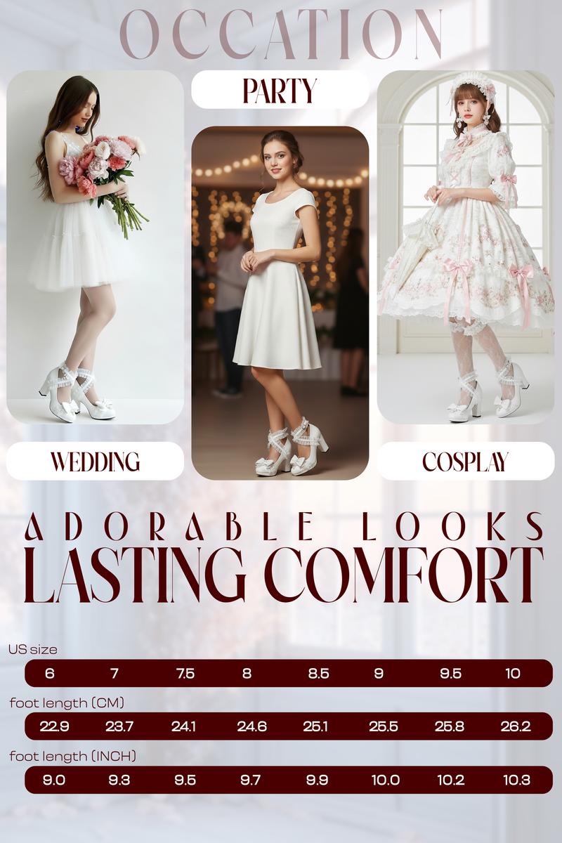Womens Platform Mary Jane Pumps Round Toe Chunky Block Heels Ruffle Lace Cross Adjustable Ankle Buckle Strap Pearl Bow Knot Gifts for Women Party Cosplay Cute Valentine Lolita Shoes