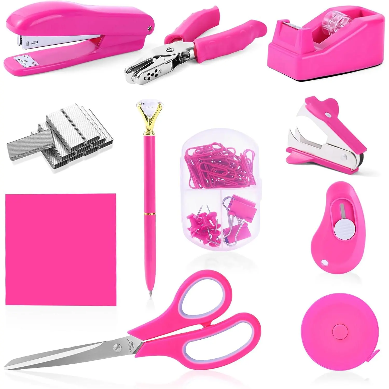 Hot Pink Desk Accessory Kit Cute Office Supplies Set Desktop Stapler Set Includes Staple Remover Hole Punch Tape Dispenser Ballpoint Pen Scissor Mini Box  Tape Measure Paper Clips Sticky Notes