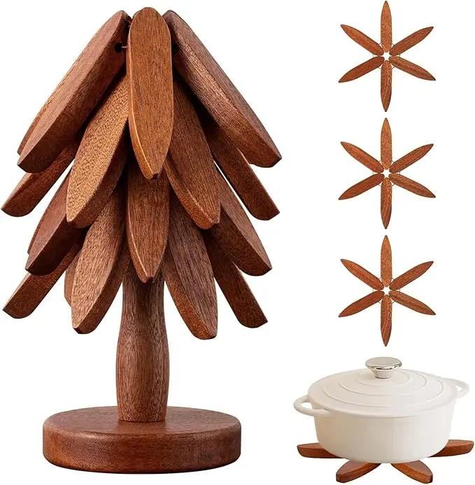 Wooden Trivets for Hot Dishes, Hot Dish Coaster with Tree-Shaped Wood Collapsible Hot Pad Trivet Tree for Restaurant, 4 Wooden Trivet + 1 Stand