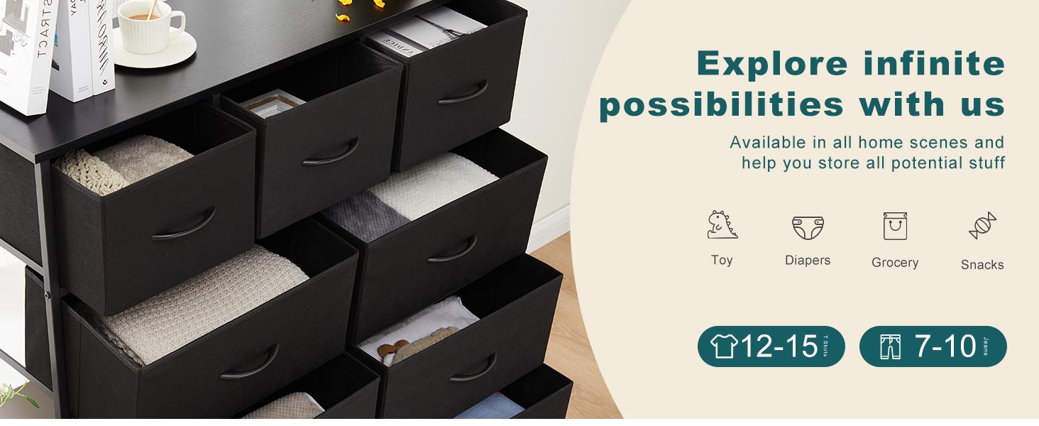 【New Color】Fabric Storage Tower with 9 Drawers, Bedroom Drawer Dresser Organizer, Chest of Drawers with Fabric Bins, Steel Frame and Wood Top for Bedroom, Closet, Entryway