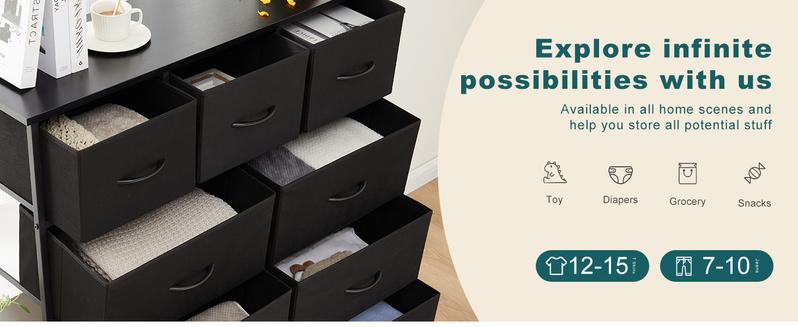Sweet Furniture F Dresser - Fabric Storage Tower with 9 Drawers, Bedroom Drawer Dresser Organizer, Chest of Drawers with Fabric Bins, Steel Frame and Wood Top for Bedroom, Closet, Entryway