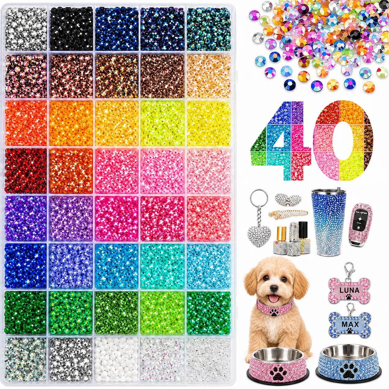 Rhinestone Bedazzling Kit with Tools,Pet Accessory 40000Pcs 3mm Flatback Resin Jelly Rhinestones for Pet Toy Decoration, Cat Toys, Clothes, Shoes, Nail Art, Phone Cases, Tumblers, Book Covers & DIY Crafts