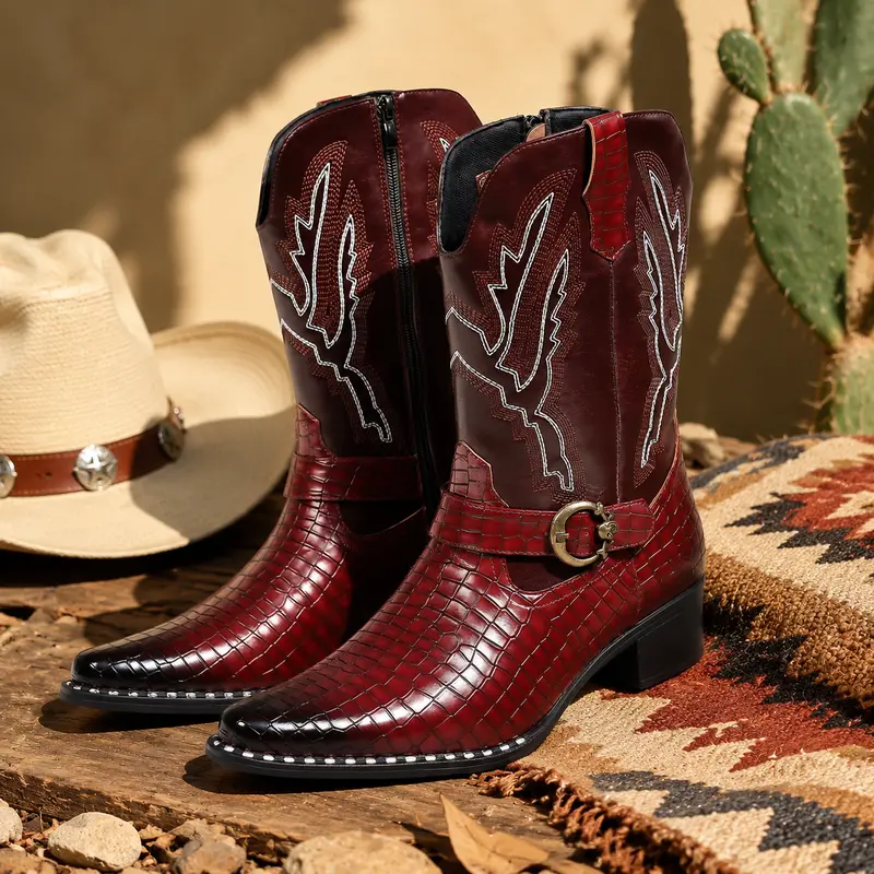 Men's Embroidered Cowboy Boots Pointed Toe Embossed Harness Strap Mid Calf Western Rodeo Country Concert Shoes Black Burgundy