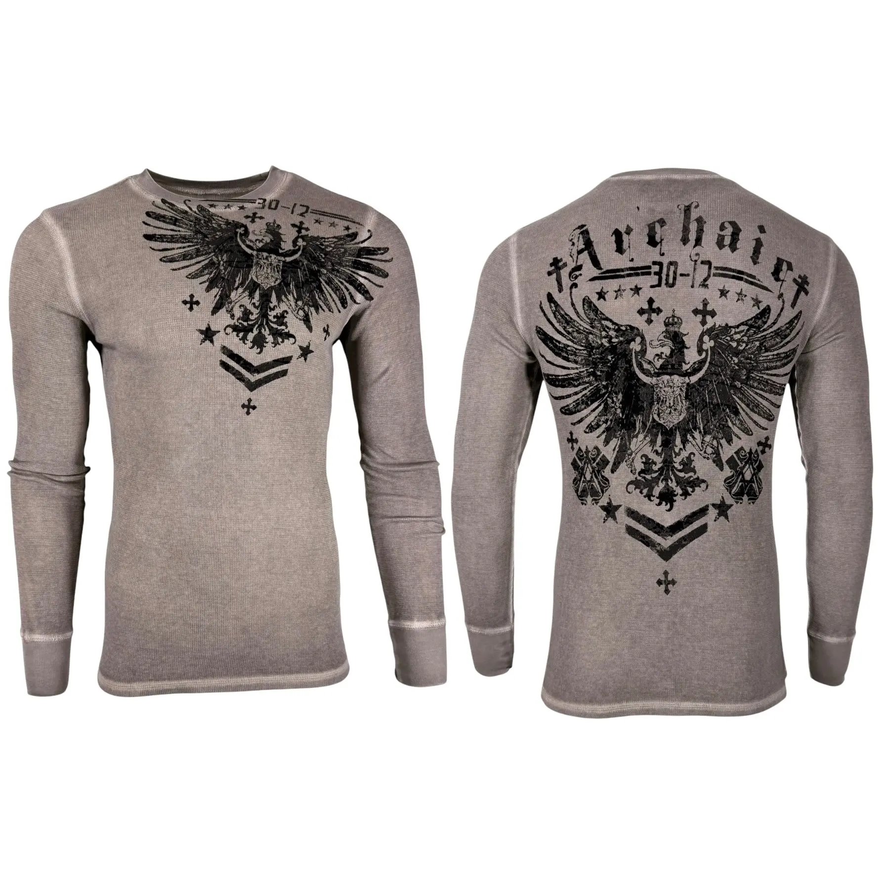 Archaic By Affliction Men's 100% Cotton Long-Sleeve Thermal Tee, Menswear Street Biker Top with Shining Mask Design