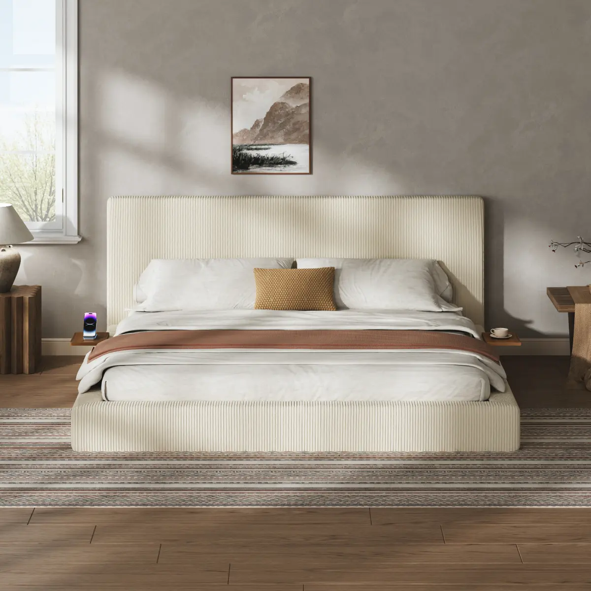 Aobtkel King/Queen Size Cloud Bed Frame with Adjustable Sliding Side Tables, Cream Corduroy Upholstered Platform Bed with 8.7" Thick Padded Cushion, Low Profile Noise Free Bed, No Box Spring Needed, Modern Bedroom