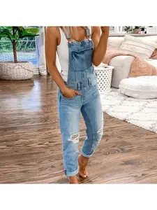 The new sporty double-shoulder strap ripped denim jumpsuit is perfect for weekend outings and casual commutes. It's both fashionable and comfortable!