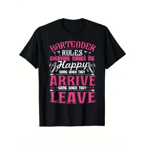 Funny Bartender Rules T-Shirt - Heavyweight 180gsm Cotton Tee with Bartender Saying "Bartender Rules: Everyone Makes Me Happy When They Arrive, Some Leave" - Soft & Durable Bar Apparel for Men (S-XXXL) - Machine Washable Black Shirt with Pink & White Bart