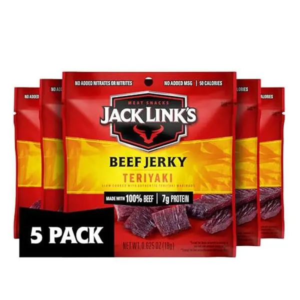Jack Link's Teriyaki Beef Jerky Multipack - (5 Pack) 0.625 oz Bags - Ready to Eat Real Meat Protein Snacks - 7g Protein per Serving - Made with Real Beef