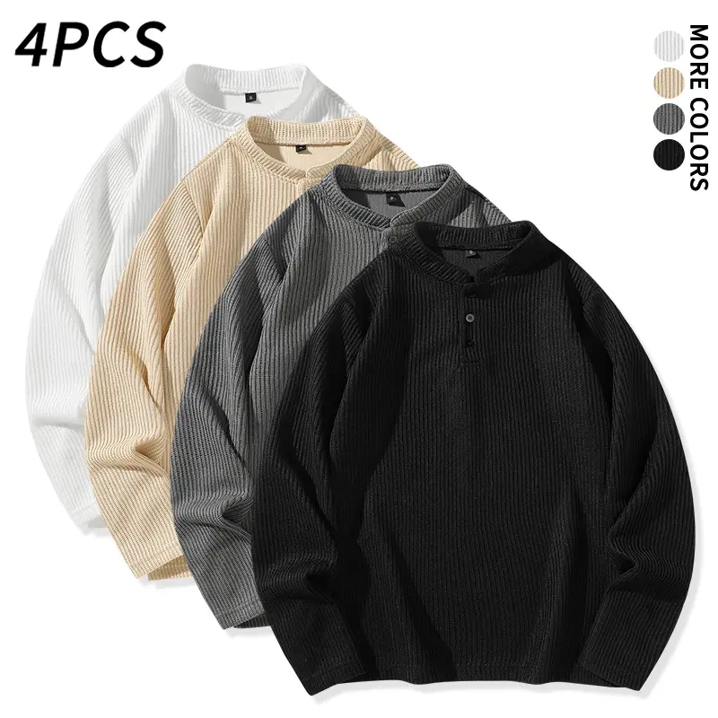 4-pcs men’s textured ribbed Henley crewneck tops, comfortable knit fabric, loose plus-size long-sleeve shirts, versatile layering essentials, minimalist street-style apparel suitable for everyday wear, travel, and office settings.