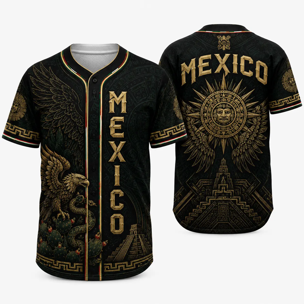 Men's 2026 Mexico-Inspired Black Short-Sleeve Button-Down Sports Apparel - Mexico Jersey with Golden Eagle Graphic, Aztec Accents, Calendar Temple Novelty Print, Flag Sleeve Details for Game Day, Travel, Festivals, Stylish Jersey