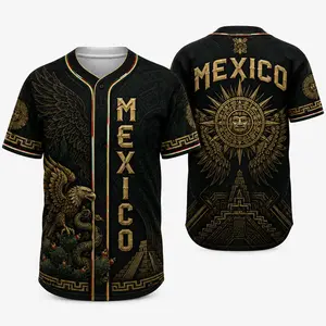 2026 New Mexico Inspired Black Button Down Baseball Jersey for Men, Golden Eagle Graphic, Aztec Calendar Temple Print, Flag Sleeve Accents, Short Sleeve Soccer Fan Shirt, Casual Futbol Game Day Tee