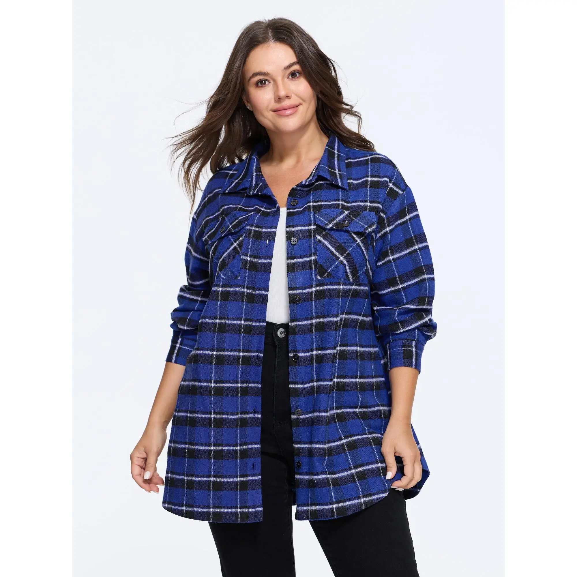 BloomChic Plaid Pocket Button Down Jacket 【M-6XL】