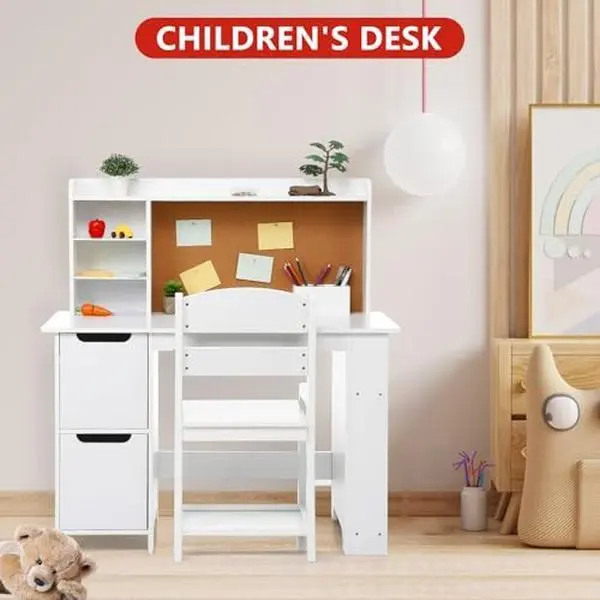 Kids Desk and Chair Set, Wooden Study Table with Storage Shelf, Bulletin Board, Children School Learning Desk Set, Writing Table for Boys and Girls, White,sohochic
