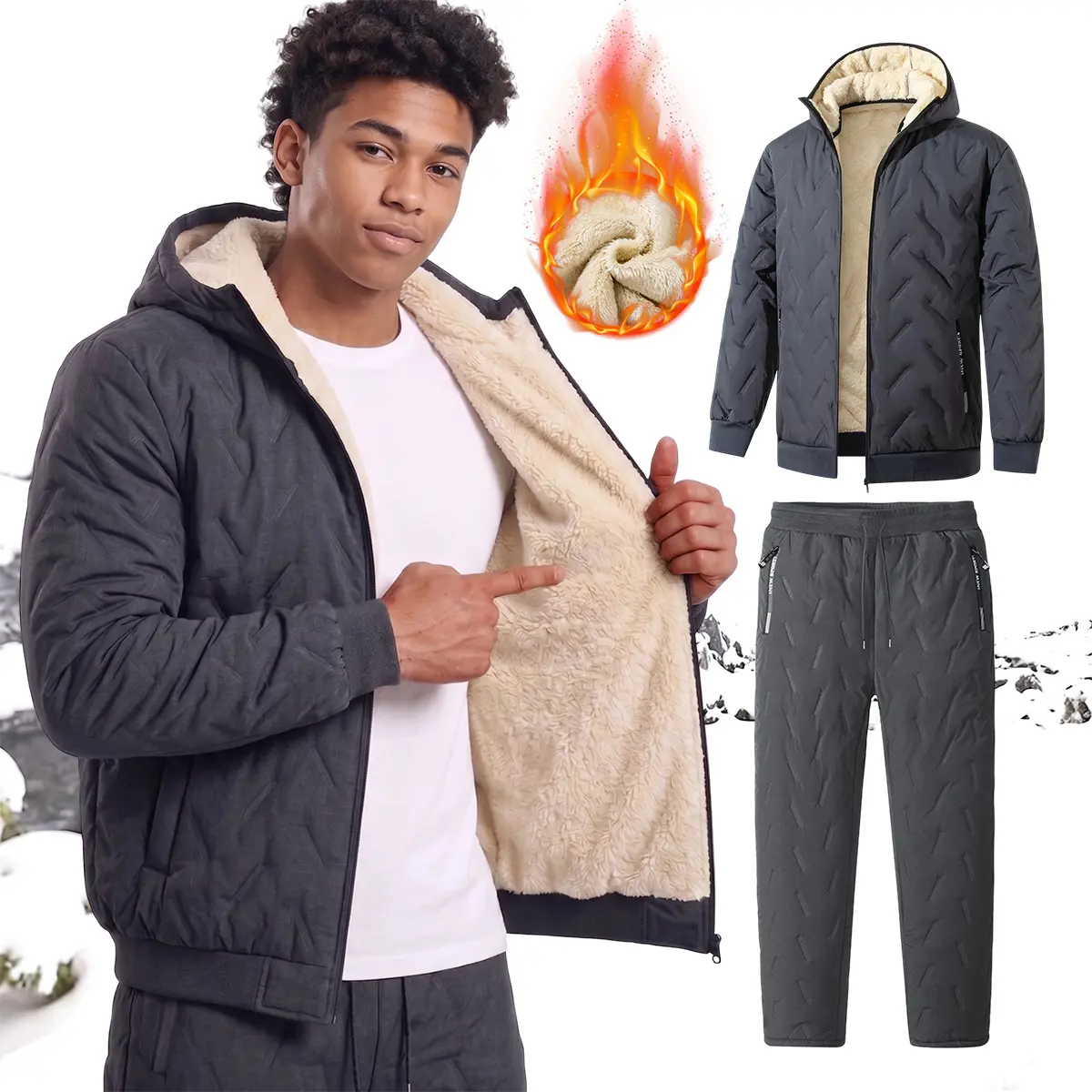 Men's Hooded 2-Piece Zip Jacket & Pants Clothes Set - Menswear Quilted Shell, Sherpa Lining, 100% Polyester - Freezing Wear for Commutes, Camping - Rugged, Stylish Warm Outerwear