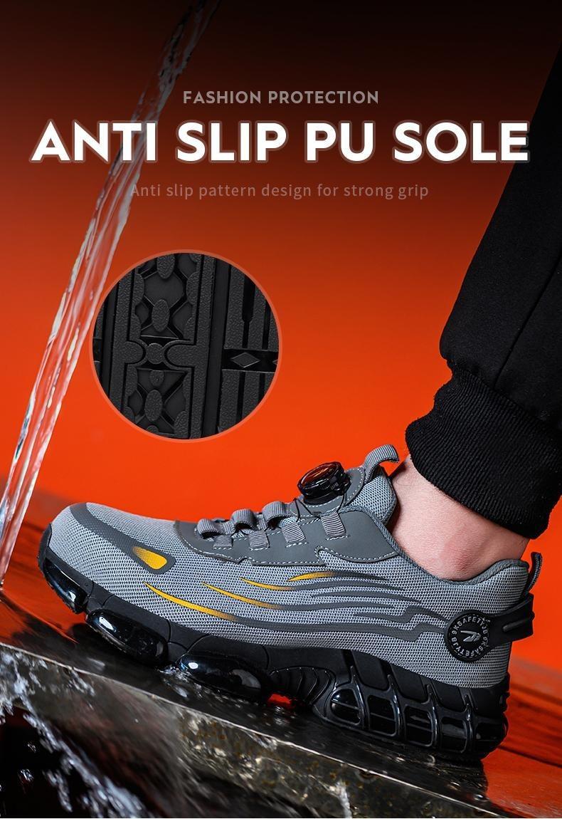Men's Grey Steel Toe Safety Shoes Puncture Proof Smash Proof Magnetic Closure Breathable Mesh Anti-Slip Sole Striped Pattern Outdoor Work Footwear