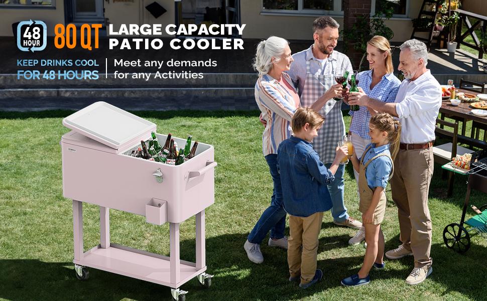 VINGLI 80 Quart Rolling Ice Chest, Portable Patio Party Bar Drink Cooler Cart, with Shelf, Beverage Pool with Bottle Opener