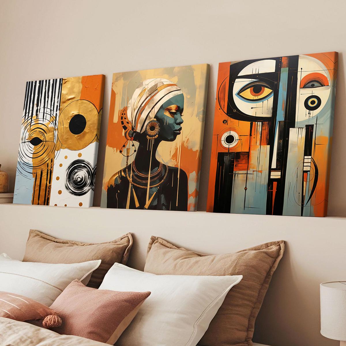 3Pcs Wooden Framed Canvas Painting, African Woman Abstract Geometric Shapes Gold Orange, Exquisite Poster, Home Decoration, Pattern Wall Art Decor, For Living Room, Bedroom, Office, Restaurant, Bar Wall Decor, Odorless, Painting, Print Artwork