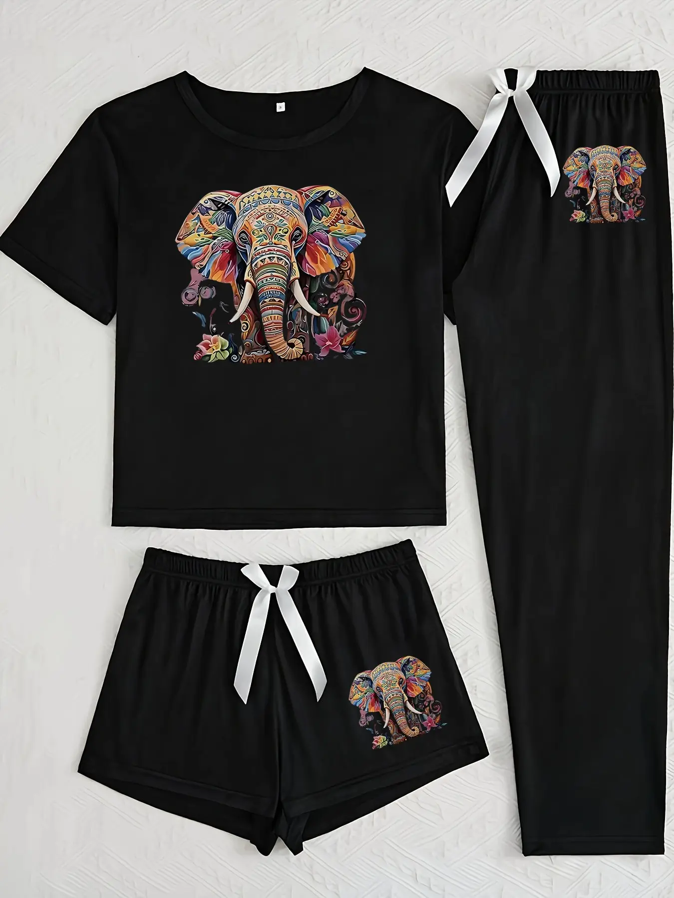 Colorful Elephant Three-Piece Home Wear Set, Loose-Fitting Cartoon Pattern, Casual All-Seasons Clothing, Comfortable and Stylish, Loungewear, Pajamas Short