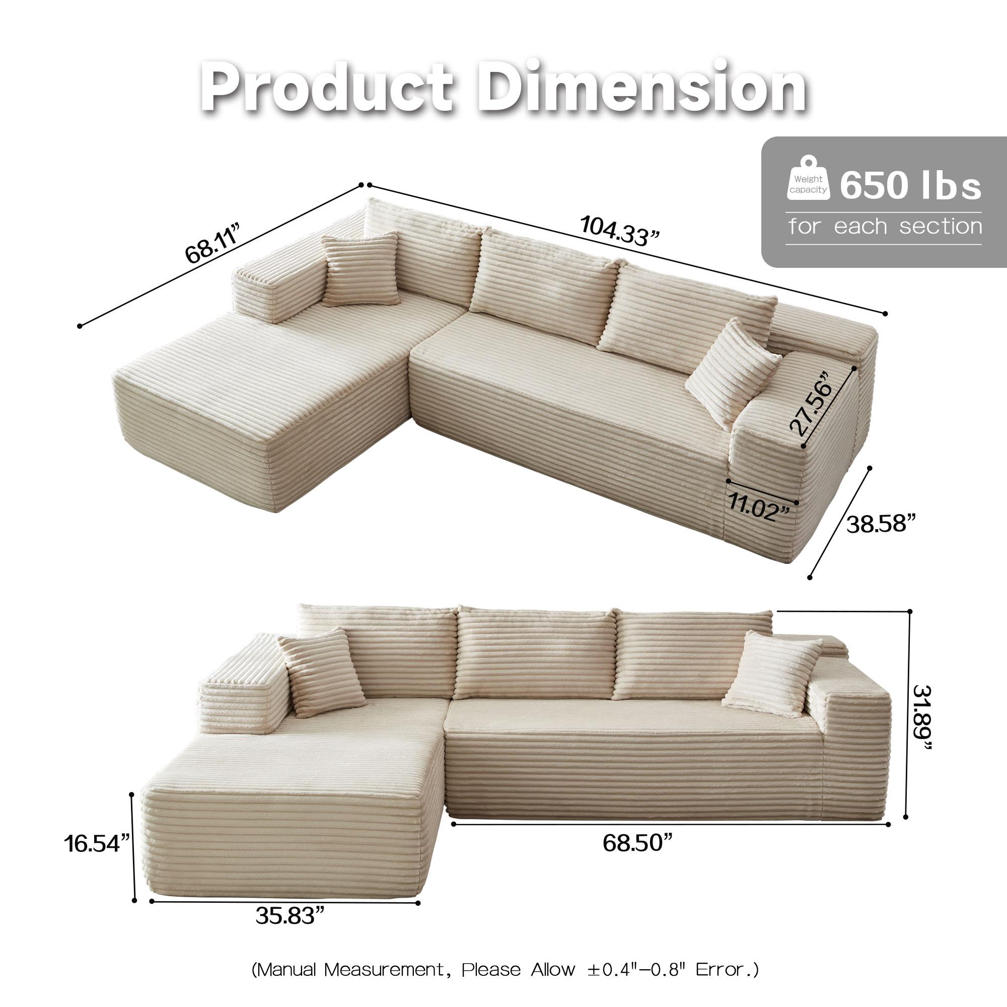 【3 Packages Shipping】Ovios 104" Modular Couch with Chaise and 49'' Boneless Chaise Lounge - L-Shaped Sectional Sofa Set with Flexible Configuration, Plush Corduroy Cloud Velvet Fabric,No Assembly Required, 5 Seater