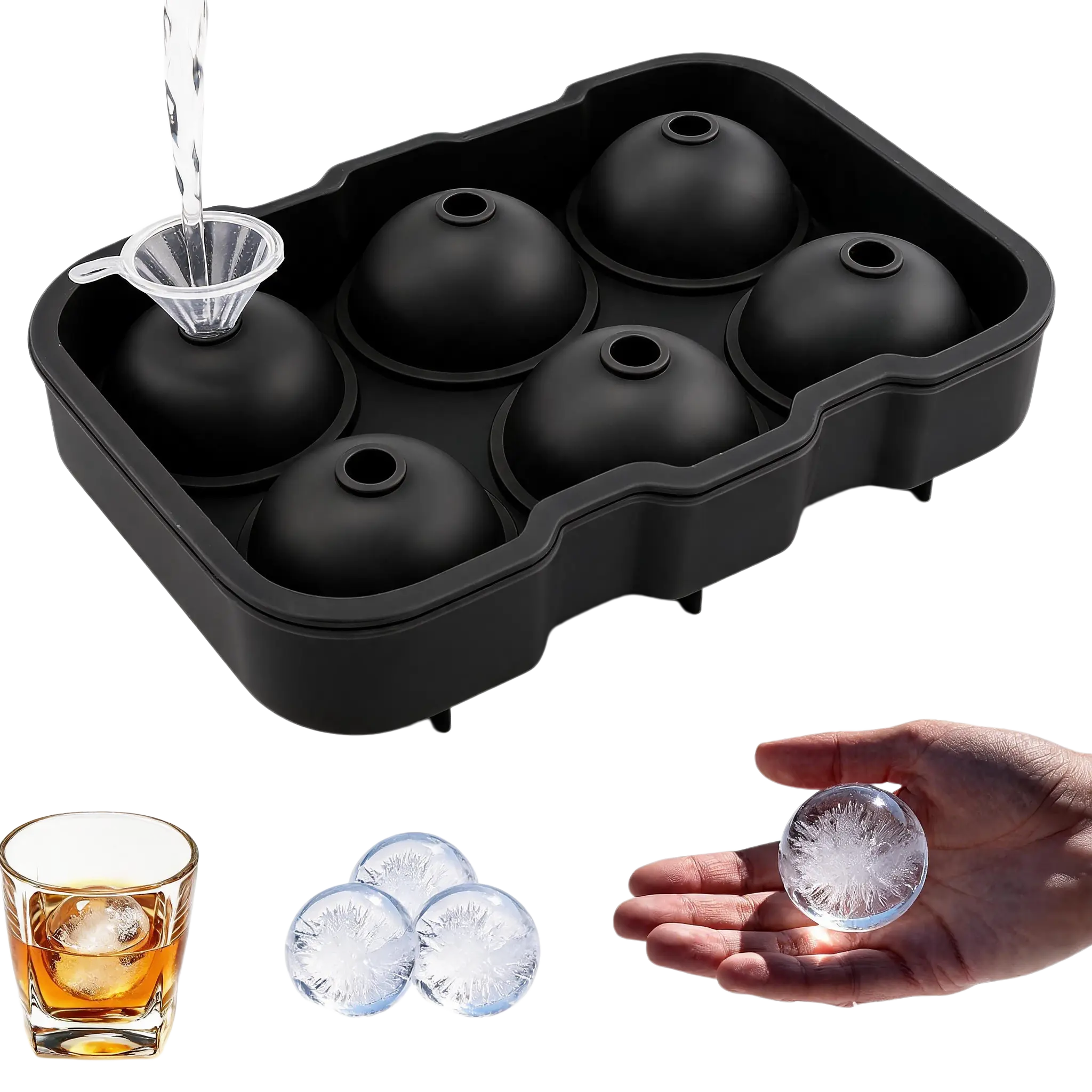 6-Sphere Leakproof Silicone Ice Tray Set - Large Size Round Circle Ice Molds with Funnel, Quick-Release Balls, Bar Utensils for Cocktails, Bourbon