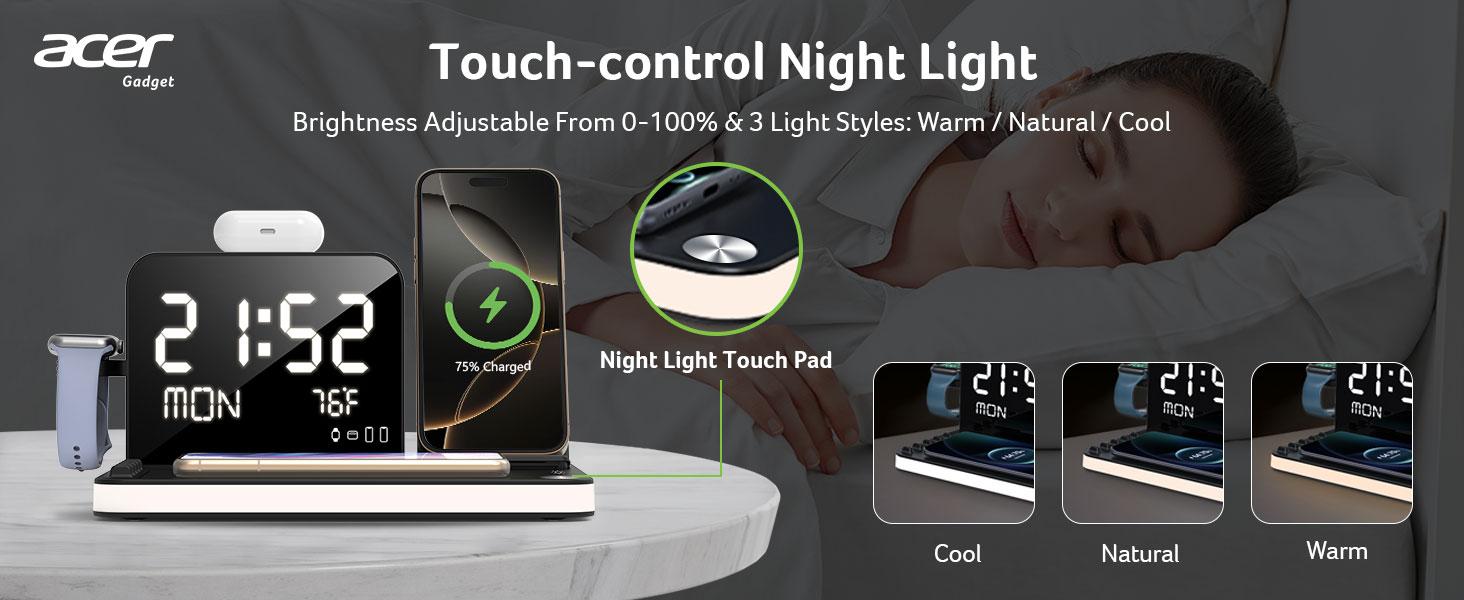 Acer 7 in 1 Wireless Charging Station Charger with Clock, LED Night Light & Temperature Display, USB-A & USB-C, Magnetic MagSafe – for iPhone, Android Phone, Apple Watch & AirPods, Gift