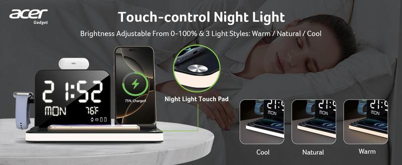 Acer 7 in 1 Wireless Charging Station Charger with Clock, LED Night Light & Temperature Display, USB-A & USB-C, Magnetic MagSafe – for iPhone, Android Phone, Apple Watch & AirPods, Gift