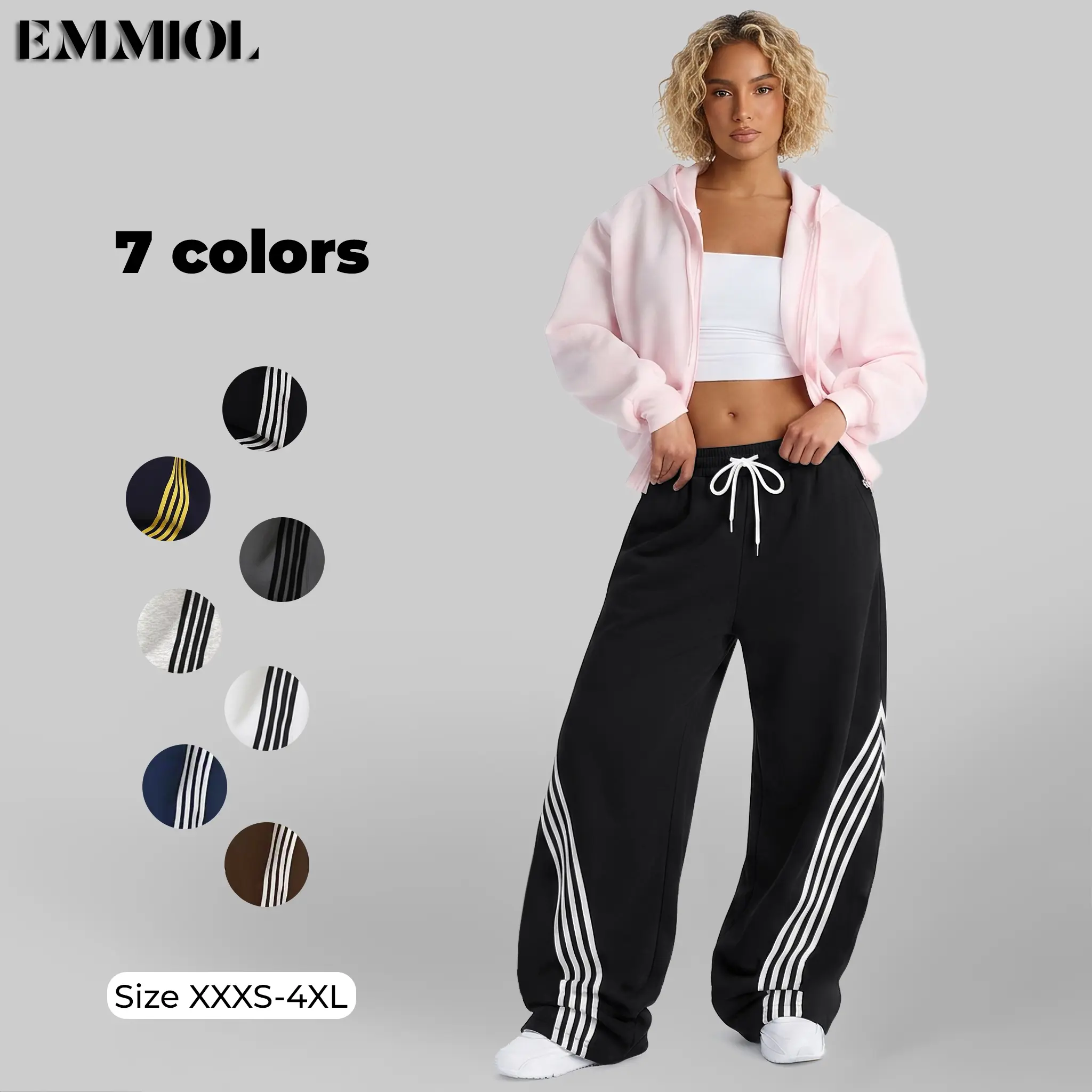 EMMIOL【Back to School】Y2K Baggy Barrel Striped Sweatpants, High Waisted Wide Leg Pants, Joggers with Drawstring Waist and Baggy Wide-Leg Sweatpants with Pockets Drawstring Elastic Waist Vintage Streetwear Joggers Cuffs