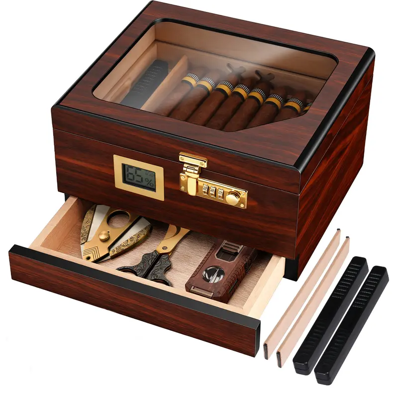 100% Cedar Aroma Spanish Cedar Wooden Cigar Humidor Box - 10.2in x8.7in x5.9in Moisture-Proof Lockable Storage Box, Walnut Cover, Tool Organiser Drawer, Divider, Glass Hygrometer, Humidifier, Desktop Case, Dad Gifts for Men