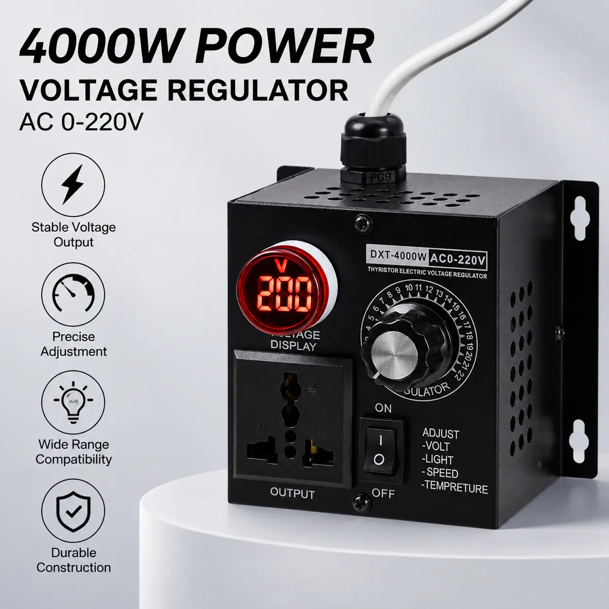 220V 4000W Max All Metal Compact Square Digital Display AC Voltage Regulator, Stepless Motor Speed Controller, Portable Fan Speed Adjuster for Workshop Ventilation Equipment