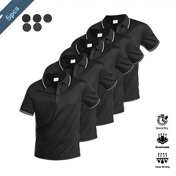 Five-piece men’s casual short-sleeve polo set—quick-dry golf and tennis shirts, comfortable riding wear, stylish men’s sportswear—ideal for casual gatherings, vacations, and travel; contrast color design at the neckline and cuffs.