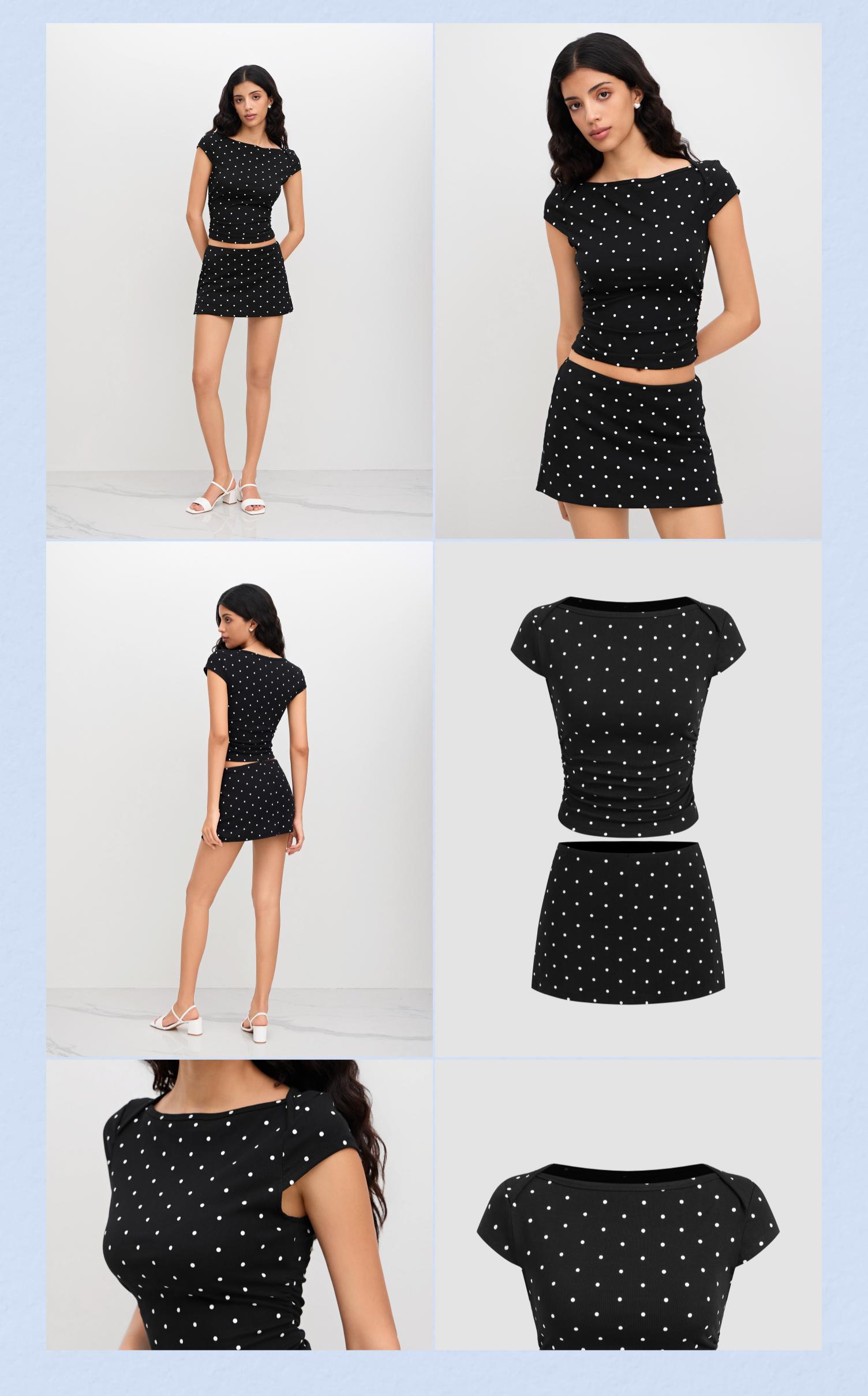 Cider Cotton-Blend Polka Dot Boat Neck Tee & Mini Skort Set, Stretchy Cotton Blend, Ruching Detail, Summer Casual Outfit for Beach & Street Style