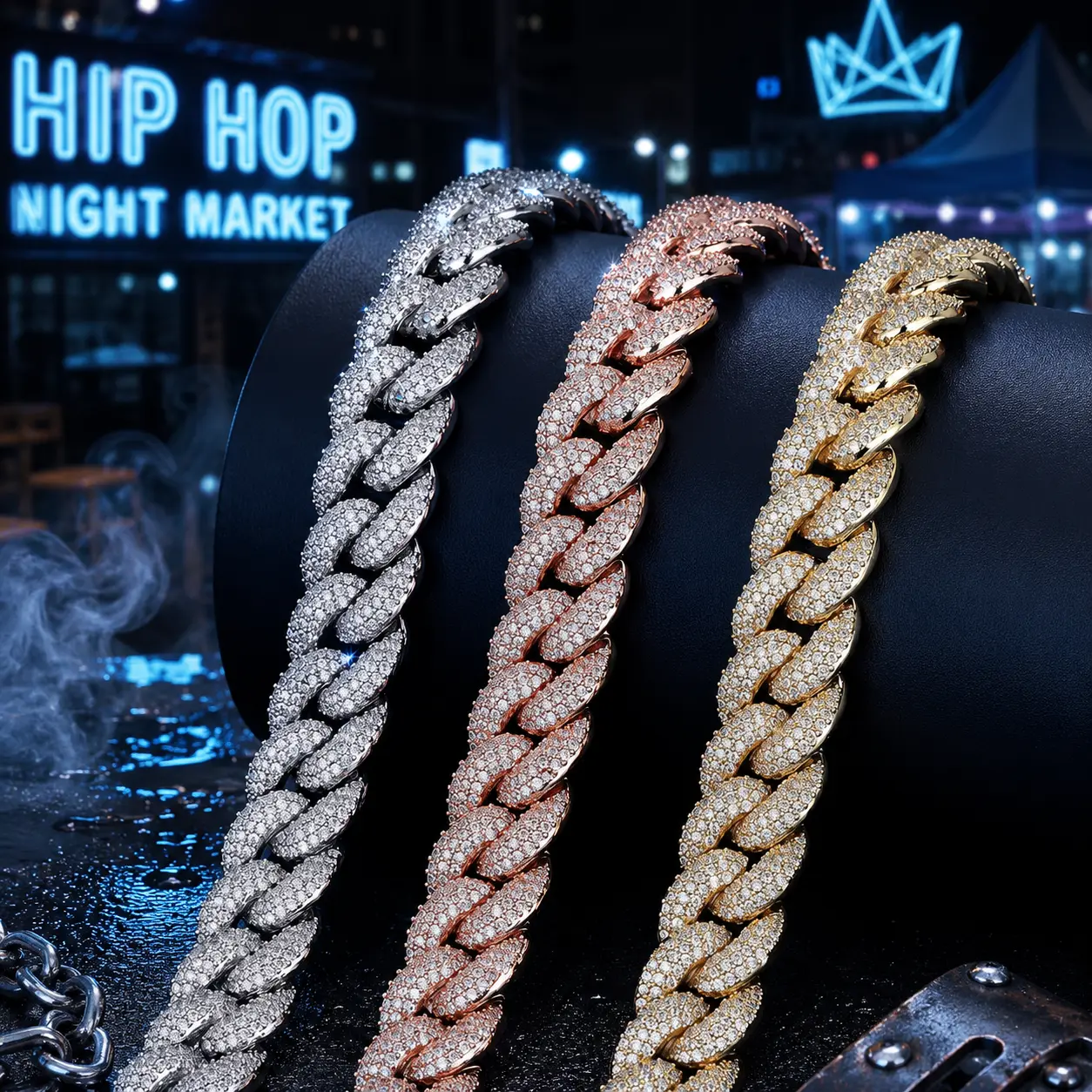 9031  Tri-Color Gradient moiss Cuban Link Chain Set Blinged-Out Iced-Out Chunky Statement Necklaces for Hip Hop Streetwear Hip Hop Jewelry