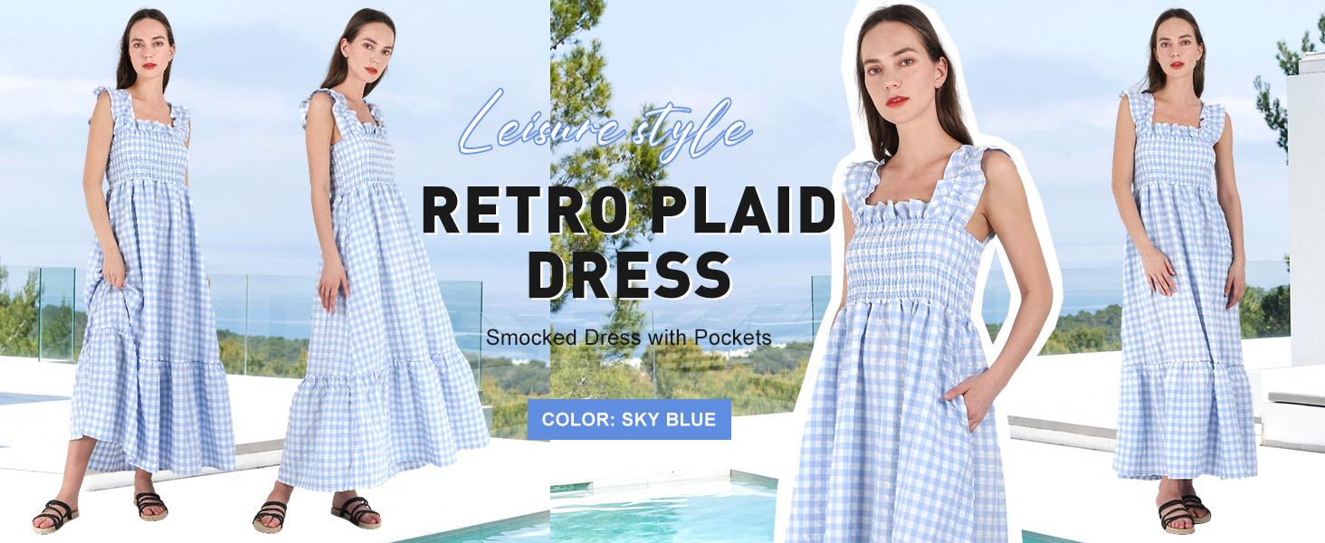 Ebossy Women's Summer Khaki Retro Plaid Smocked Dress Sleeveless Spaghetti Strap Flounce Long Dress Casual Womenswear Bohemian Sundresses