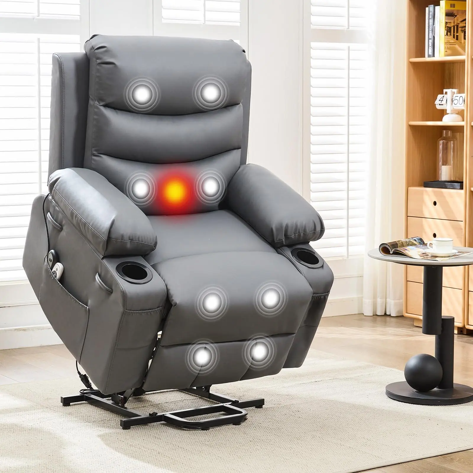 Big and Tall PU Leather Adjustable Sleeper Footrest Chair - Power Lift, Massage & Heat, Swivel, 135° Recline, Remote, 2 Cup Holders, Side Pockets, Gray Living Room/RV Single Sofa for Adults with Quick Setup, Adjustable Sleeper Chair, Ergonomically Adjusta