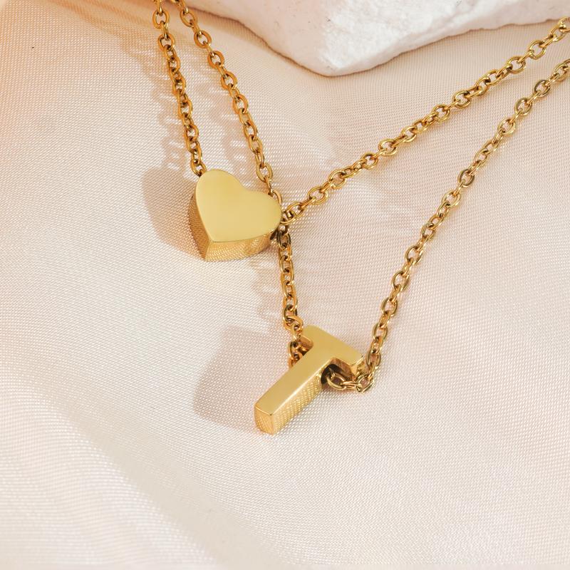 Delzzad Titanium Steel Heart Letter Double Layer Pendant Necklace Golden Finish Elegant Layered Chains Adjustable Fit Perfect for Birthday Anniversary Gifts Tarnish Proof Jewelry Handmade Fashion Accessory