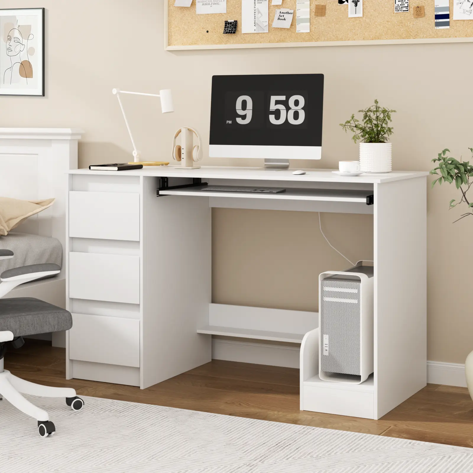 VOWNER Computer Desk with 3 File Drawers Executive Desk Writing Study Table for Home Office White Black