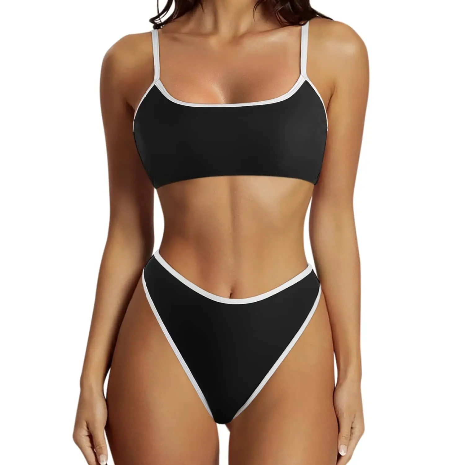 Women's Bikini Set Black And White Contrast Trim - Square Neck Waisted Swimsuit Two Piece Bathing Suit Women Teen Girls, Bikini Women's One-Pieces