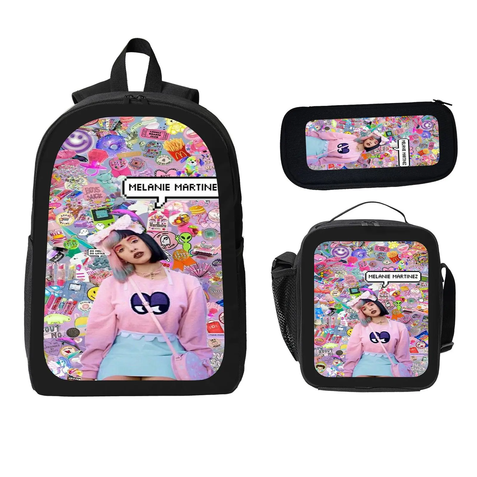 Melanie Martinez Unisex 3-Pcs Polyester School Backpack Set for Kids, Large Fit Large Capacity Bookbag with Insulated Lunch Bag Pencil Case, Water Resistant Daily Use Travel Daypack for Elementary-Middle School A-27