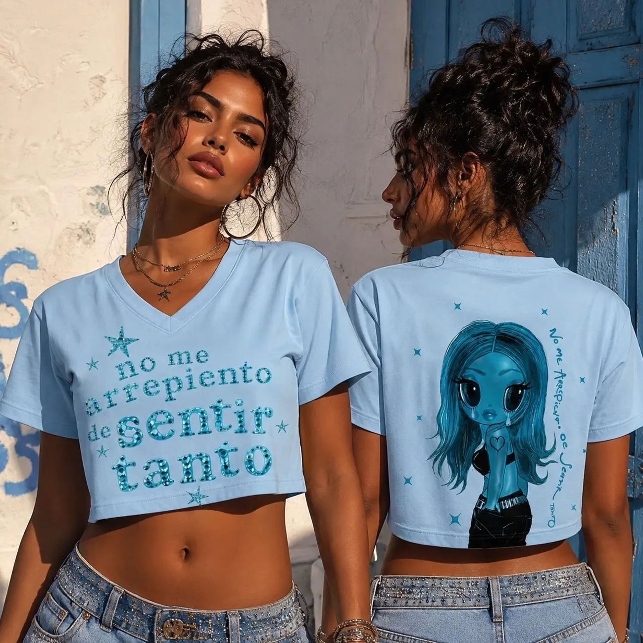 New Album No Me Arrepiento De Sentir Tanto Crop Top Jersey, Women's Blue Graphic Music Jersey, Double-Sided Design, Latin Pop Concert Outfit, Fan Gift